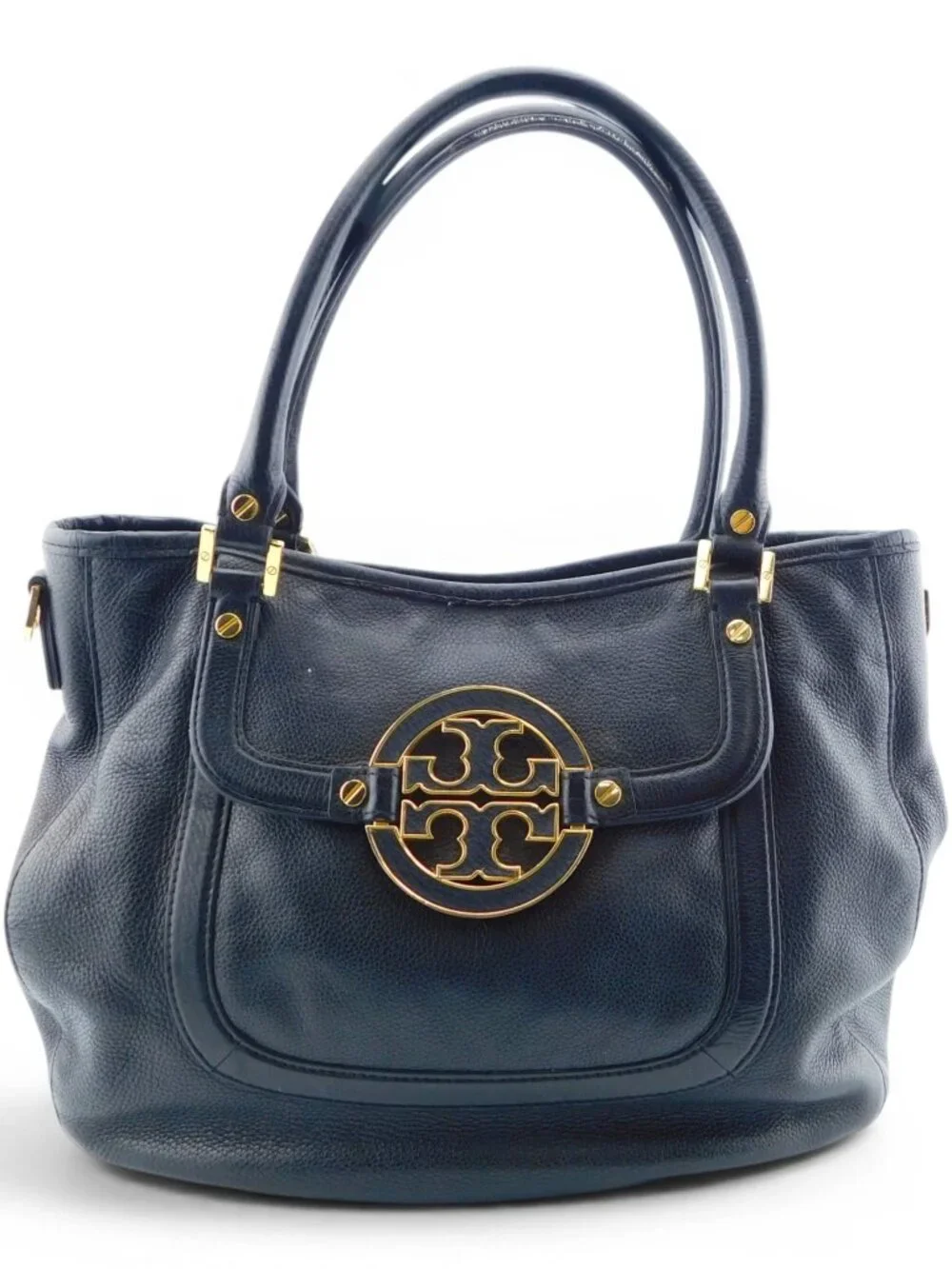 Tory Burch Logo Black Pebble Grain Leather Tote Handbag